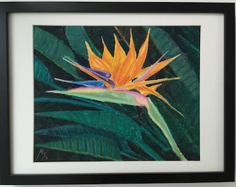 Bird of Paradise Flower — Original Oil Pastel Painting, Tropical Floral Art, Framed Botanical Wall Decor, Signed