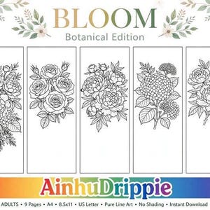 Op de afbeelding: Een digitale kleurplaten set getiteld BLOOM Botanical Edition door AinhuDrippie met vijf verticale panelen met zwart-wit lijntekeningen van diverse bloemenboeketten waaronder rozen en hortensia's op een witte achtergrond.