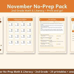 November 2nd Grade Worksheets, Thanksgiving Math and Fall Reading Printables, No Prep Fall Morning Work, Sub Plans, Second Grade Homeschool