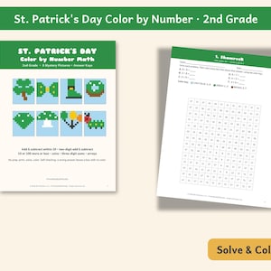 St. Patrick's Day Color by Number Math 2nd Grade, Mystery Pictures, Add Subtract Coins Arrays, No Prep March Centers, Answer Keys