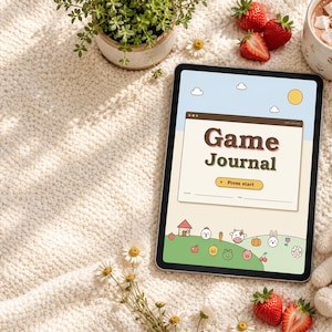 Puede incluir: Una tableta que muestra una interfaz digital de Game Journal con el texto Game Journal y Press start. La pantalla presenta un cielo azul claro, un sol amarillo y un paisaje verde con pequeños animales de dibujos animados, frutas y una casa.
