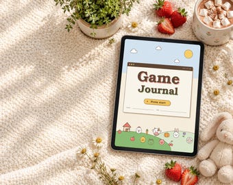 Peut inclure: Une tablette affichant une interface numérique de Game Journal avec le texte Game Journal et Press start. L'écran présente un ciel bleu clair, un soleil jaune et un paysage vert avec de petits animaux, des fruits et une maison.