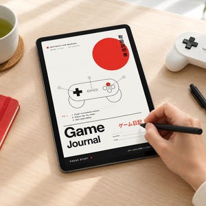May include: A digital tablet displaying a Game Journal instruction manual with a red circle graphic, a line drawing of a game controller, and text including Game Journal, Press Start, and Japanese characters on a light wood surface.