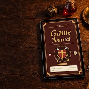 May include: A digital tablet displaying a dark brown Game Journal cover with the text Player's Bestiary Volume 1, Game Journal, and Begin Adventure. The graphic features a shield with a cross, two crossed swords, and small potion icons.