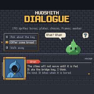 May include: A pixel art game interface mockup titled HUDSMITH DIALOGUE featuring a green slime character, a dialogue box with the character Wren, and a menu with options: Ask about the key, Offer some bread, and Walk away. The text reads: The slime will not move until it is fed. It ate the bridge key, I think. Be kind. It bites when it is bored.