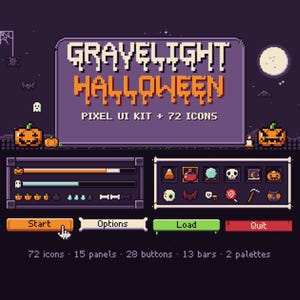 May include: A pixel art UI kit titled GRAVELIGHT HALLOWEEN PIXEL UI KIT + 72 ICONS. It features a purple background with pumpkins, bats, and a moon. Includes progress bars, icon grids, and buttons labelled Start, Options, Load, and Quit.