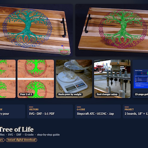 May include: A rectangular wooden serving tray featuring a Celtic Tree of Life epoxy inlay with black metal handles. The digital product includes CNC files, a 25-page step-by-step guide, SVG, DXF, and G-code for 18-inch by 12-inch boards.