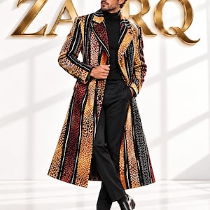 Men’s Animal Print Long Coat, Multicolor Leopard Pattern Overcoat, Black Red Gold Statement Outerwear, Bold Menswear