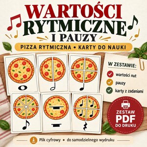 Może przedstawiać: Karty edukacyjne zatytułowane WARTOŚCI RYTMICZNE I PAUZY z ilustracjami pizzy podzielonej na części, reprezentujące wartości nut i pauzy. Zawiera listę W ZESTAWIE oraz czerwony okrągły znak z napisem ZESTAW PDF DO DRUKU.