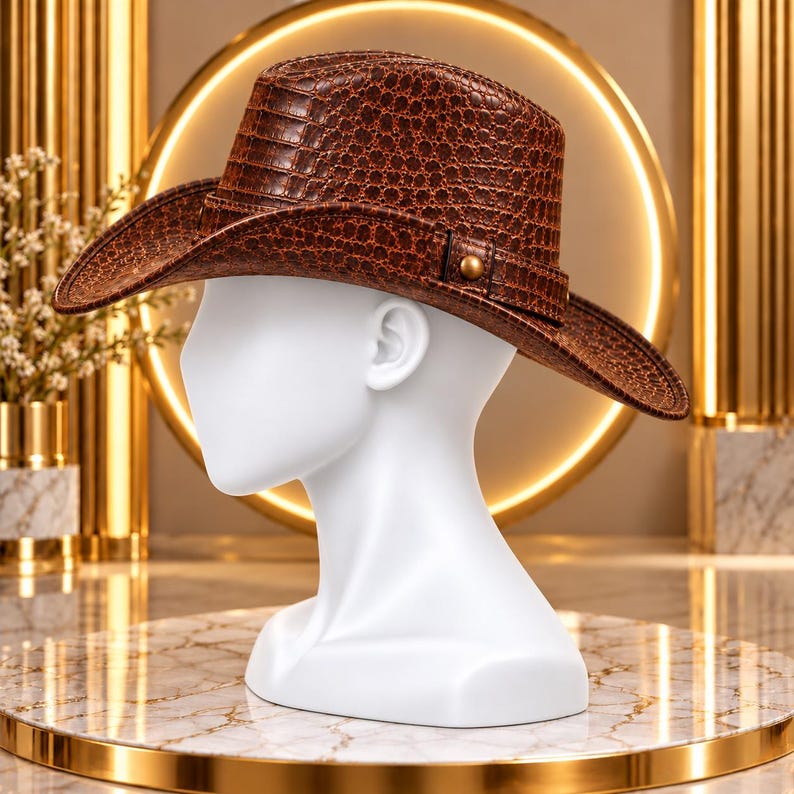 Brown Embossed Cowboy Hat, Western Wide Brim Hat, Crocodile Texture ...