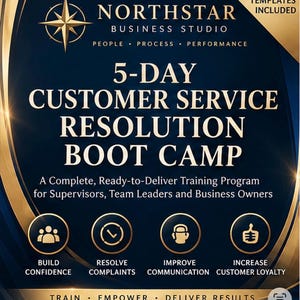 Könnte beinhalten: Eine digitale Grafik für ein 5-Day Customer Service Resolution Boot Camp von Northstar Business Studio. Das dunkelblaue und goldene Design enthält Text, ein Kompass-Symbol und vier kreisförmige Symbole für Vertrauen, Beschwerden, Kommunikation und Loyalität.