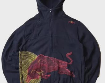 Navy Vintage Red Bull Big Logo Racing Hoodie, Embroidered Zip-Up Hoodie Motorsport Streetwear