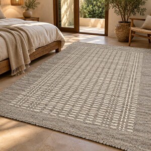 Gray Beige Handwoven Rug with Cream Geometric Pattern, Neutral Area Rug, Modern Wool Look Rug, Minimalist Living Room Carpet