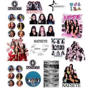 May include: A collection of Katseye stickers featuring group photos, individual portraits, signatures, and eye close-ups. The designs include pink and black text, star motifs, and small icons like hearts, anchors, and cherries on a white background.
