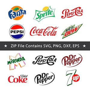 May include: A collection of beverage brand logos including Fanta, Sprite, Pepsi-Cola, Pepsi, Coca-Cola, Mtn Dew, Mirinda, Dr Pepper, Diet Coke, and 7up. A central dark gray banner displays the text: ZIP File Contains SVG, PNG, DXF, EPS.
