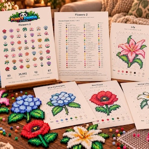 May include: A bead craft kit featuring Funky Panda Studio pattern sheets for flowers, including a color guide, a grid-based lily design, and finished bead art of a pink lily, blue hydrangea, red poppy, and white lily with a bead organizer.