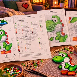 May include: A Funky Panda Studio Yoshi pixel art pattern guide with printed instructions, bead color charts, and a partially assembled Yoshi figure made of colorful plastic beads on a clear pegboard, alongside a wooden bead organizer.