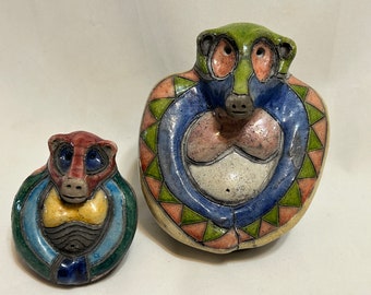 Set of 2 rare vintage 90s genuine Raku Pottery Baboons from South Africa