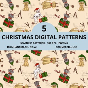 Può includere: Un motivo digitale senza cuciture con illustrazioni ad acquerello di cani con cappelli natalizi e corna, insieme a scatole regalo, bastoncini di zucchero e anice stellato su sfondo beige con il testo 5 CHRISTMAS DIGITAL PATTERNS.