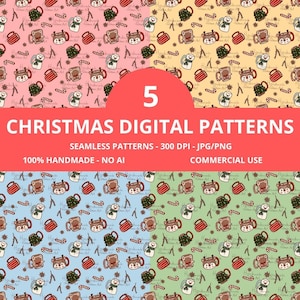 Può includere: Un set di 5 motivi digitali natalizi con illustrazioni ripetute di tazze, bastoncini di zucchero e stelle su sfondi rosa, gialli, blu e verdi. Il testo recita 5 CHRISTMAS DIGITAL PATTERNS, SEAMLESS PATTERNS - 300 DPI - JPG/PNG, 100% HANDMADE - NO AI, COMMERCIAL USE.