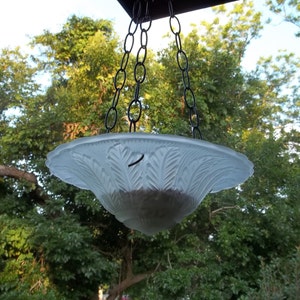 SALE PENDING Birdfeeder Bird Bath Hanging Vintage Glass Upcycled Light Fixture image 1