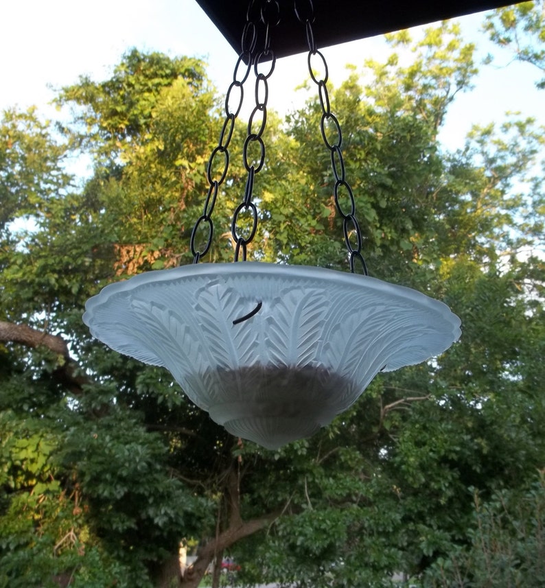 SALE PENDING Birdfeeder Bird Bath Hanging Vintage Glass Upcycled Light Fixture image 1