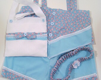 Light blue Girls Shorts, Shorts outfit Toddler 4 piece. Includes shorts, top, headband and a cute purse, shorts, kids shorts sets, children