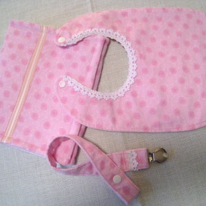 Pink Polka Dot Baby Girl Bib, Burp Cloth & Pacifier Clip Set
