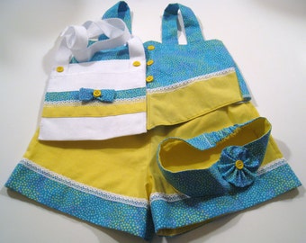 Size 4-5 girls shorts, Yellow and green Toddler 4 piece outfit. Includes shorts, top, head band and a cute purse. Girls summer clothing.