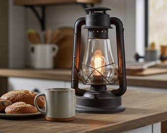 Puede incluir: Una linterna de metal marrón oscuro con una chimenea de vidrio transparente y una bombilla estilo Edison iluminada en su interior. La linterna presenta un diseño de jaula de alambre y se sitúa junto a una taza de cerámica y panecillos horneados.