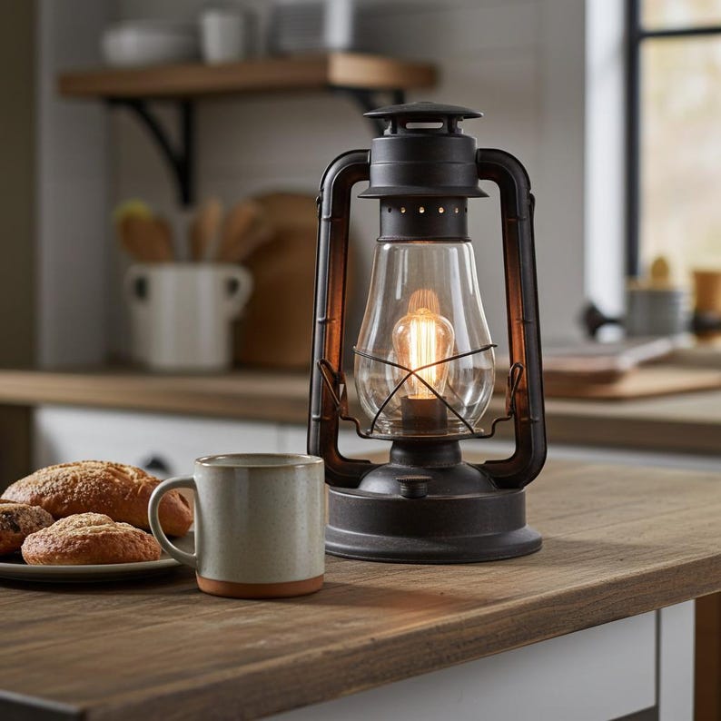 Large 15" Vintage Style Lantern Table Lamp, Dimmable Rustic Accent Light/ UL Safety Listed