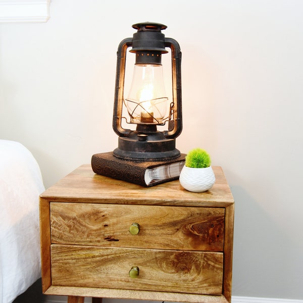 Electric Lantern Table Lamp | Large Body 15" Tall | E26 (Standard USA Bulb) Vintage Edison Style Bulb | In-line Dimmer