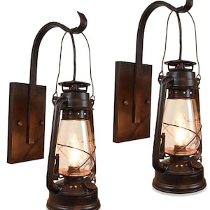 Rustic Farmhouse Electric Wall Sconce Lantern Set Rust Patina finish with Large Hanging Hook Rust Patina