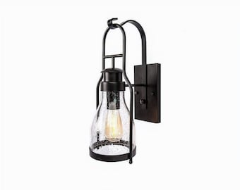 Rustic wall light Lantern with retro industrial loft lantern look in rubbed bronze powder coat finish with wine bottle pioneer jug glass