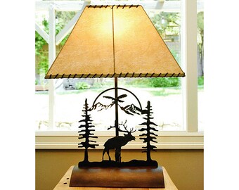 Mountain Scene Elk Table Lamp - Rustic Patina Finish - Cabin Lighting