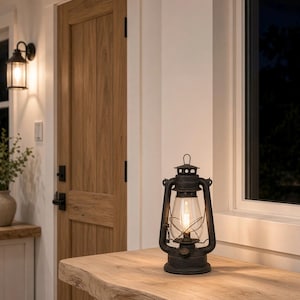 Pu&ograve; includere: Una lanterna da tempesta in metallo scuro con un cilindro in vetro trasparente e una gabbia protettiva in filo metallico. La lanterna presenta una lampadina centrale a filamento verticale che emette una luce calda, un manico e una base.
