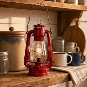 Può includere: Una lanterna da tempesta in metallo rosso brillante con un cilindro in vetro trasparente e un manico in filo metallico. La lanterna presenta una lampadina centrale con filamento visibile, una base circolare e una gabbia protettiva.