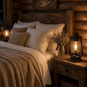 Pu&ograve; includere: Una camera da letto con struttura del letto in legno, cuscini bianchi, una coperta beige testurizzata e due lanterne in metallo nero con lampadine accese. Un barattolo di vetro con fiori secchi poggia su un comodino accanto a un quadro boschivo.