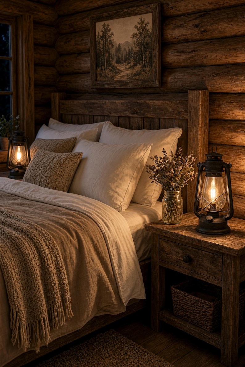 Pu&ograve; includere: Una camera da letto con struttura del letto in legno, cuscini bianchi, una coperta beige testurizzata e due lanterne in metallo nero con lampadine accese. Un barattolo di vetro con fiori secchi poggia su un comodino accanto a un quadro boschivo.