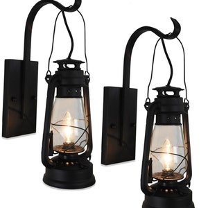 Rustic Farmhouse Electric Wall Sconce Lantern Set Rust Patina finish with Large Hanging Hook Black