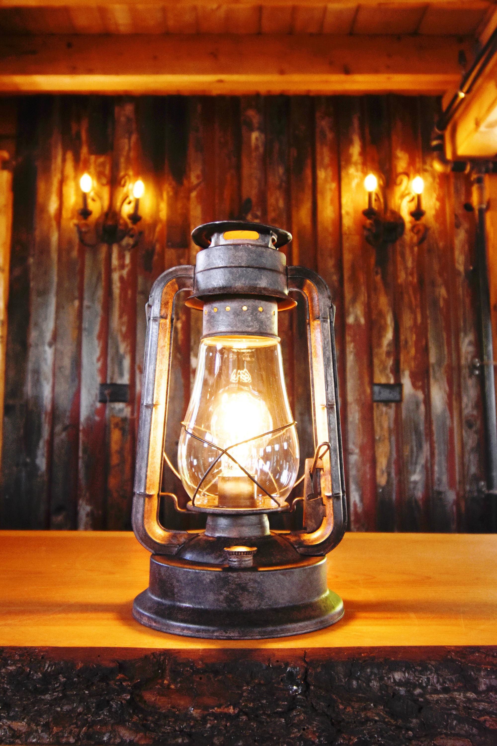 Electric Lantern Table Lamp | Large Body 15" Tall | E26 (Standard USA Bulb) Vintage Bulb | In-line Dimmer Switch | UL/ULC Safety Listed