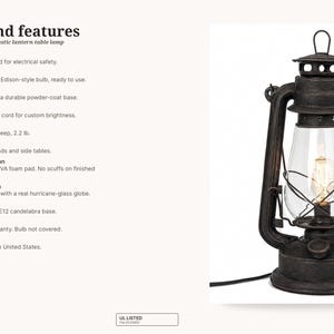 Pu&ograve; includere: Una lampada da tavolo a lanterna rustica di medie dimensioni con finitura color ruggine, struttura in acciaio e globo in vetro trasparente. Include una lampadina stile Edison dimmerabile da 5,5 watt e misura 30,5 cm di altezza e 18,4 cm di profondit&agrave;.