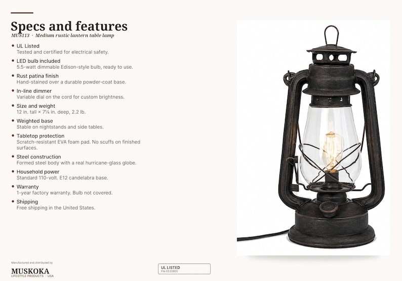 Pu&ograve; includere: Una lampada da tavolo a lanterna rustica di medie dimensioni con finitura color ruggine, struttura in acciaio e globo in vetro trasparente. Include una lampadina stile Edison dimmerabile da 5,5 watt e misura 30,5 cm di altezza e 18,4 cm di profondit&agrave;.