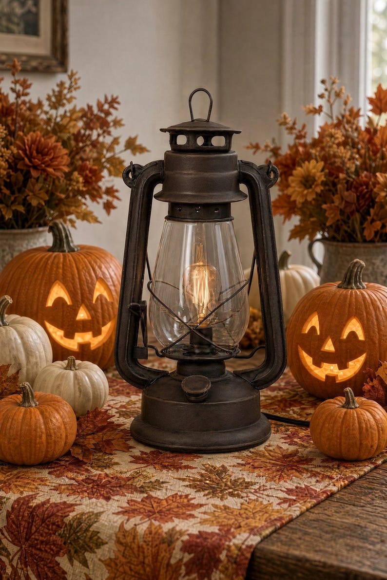 Pu&ograve; includere: Una lanterna in metallo marrone scuro con un cilindro in vetro trasparente e una lampadina in stile Edison luminosa all'interno. La lanterna presenta una maniglia superiore, una base circolare e una gabbia metallica attorno al vetro.
