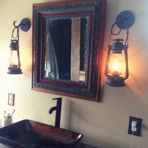 Rustic Western Wall Sconce - Large Miners Lantern, Black/Patina Rust, 17" hang height, Hardwired, Edison LED Bulb by Muskoka Lifestyle USA