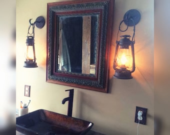 Rustic Western Wall Sconce - Large Miners Lantern, Black/Patina Rust, 17" hang height, Hardwired, Edison LED Bulb by Muskoka Lifestyle USA
