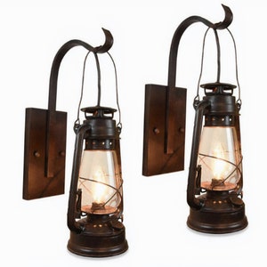 Rustic Farmhouse Electric Wall Sconce Lantern Set Rust Patina finish with Large Hanging Hook Bild 1