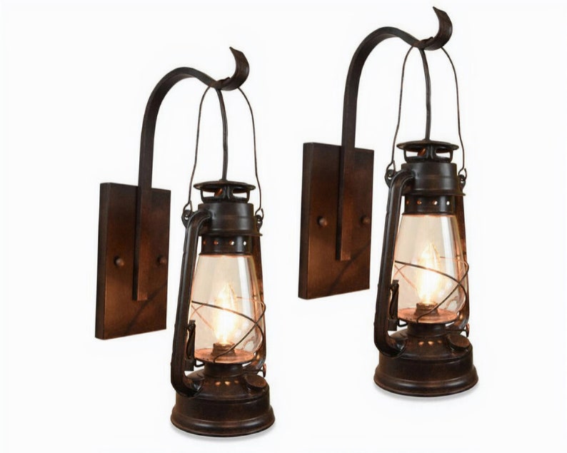Rustic Farmhouse Electric Wall Sconce Lantern Set Rust Patina finish with Large Hanging Hook image 1