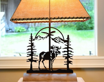Rustic Moose Table Lamp with Faux Rawhide Shade - 26" Cabin Lamp | Muskoka Lifestyle Products