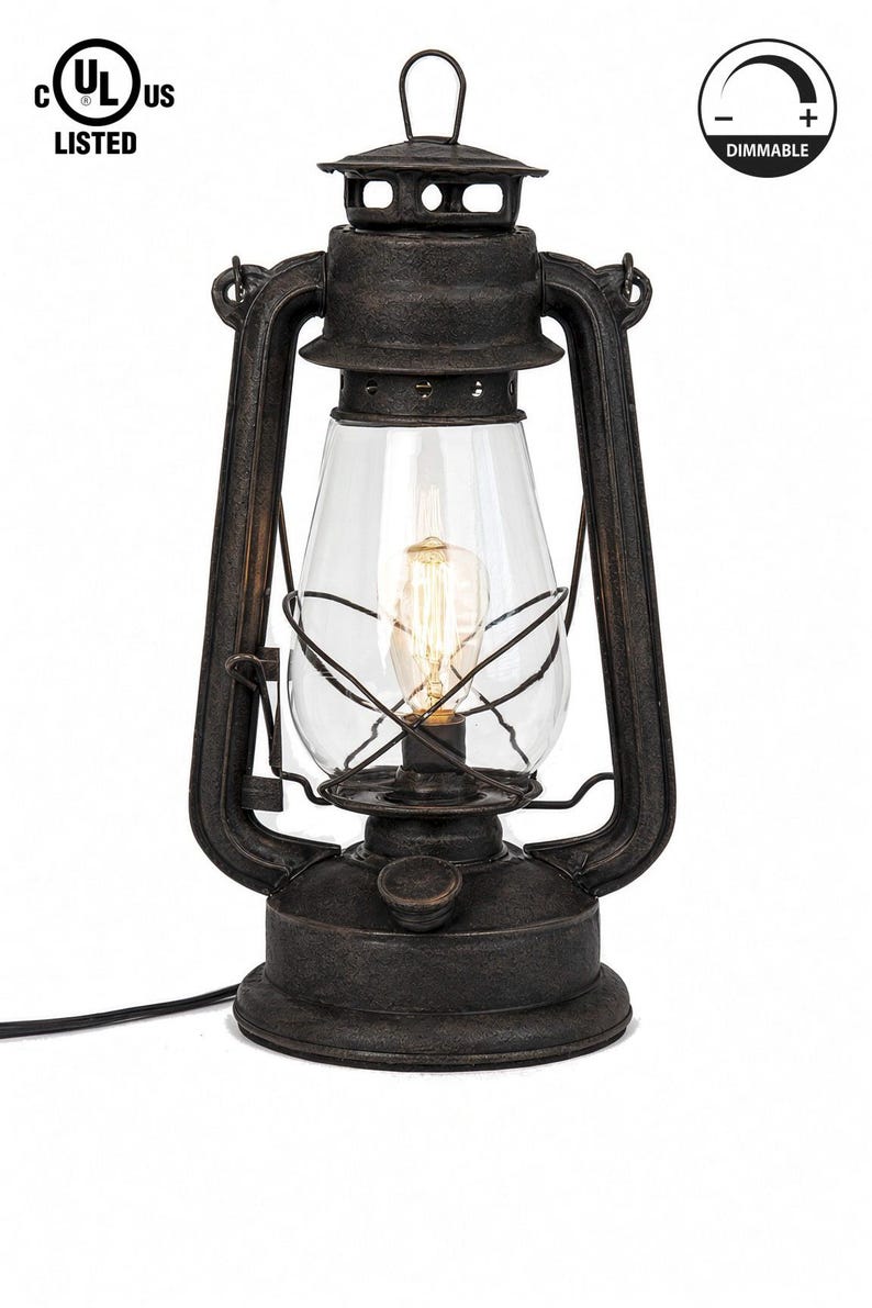 Pu&ograve; includere: Una lanterna in metallo color bronzo scuro con un globo in vetro trasparente e una lampadina a filamento interna. La lanterna presenta una maniglia superiore, una base circolare e un cavo di alimentazione nero. Testo: C UL US LISTED e DIMMABLE.